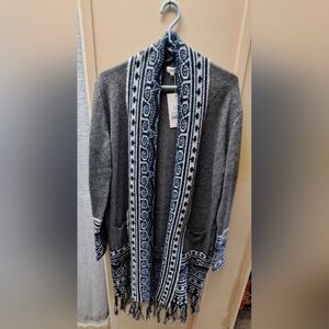 Gray and Blue Cardigan with Patterned Trim